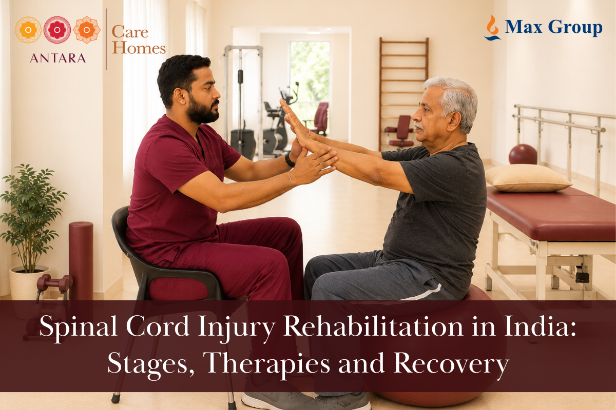 senior man in his 60’s doing exercises for spinal cord injury at antara care homes noida.
