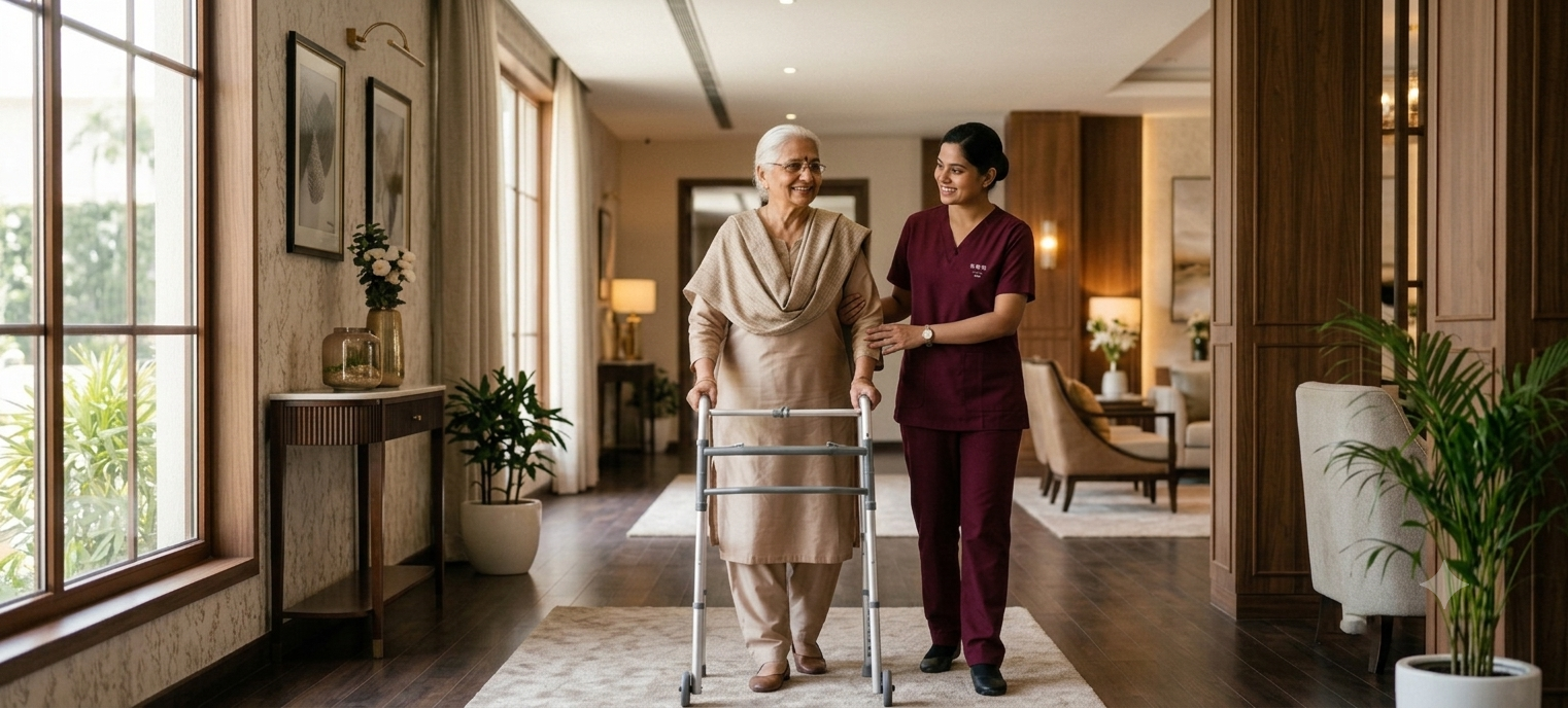 old lady waling with the help of caregiver assistance.  