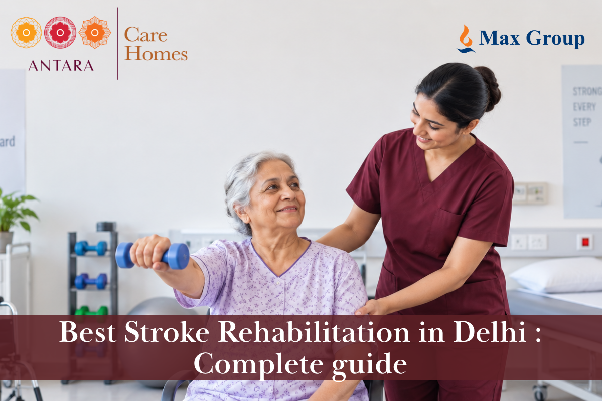 Stroke patient undergoing physiotherapy during rehabilitation at antara care homes noida.