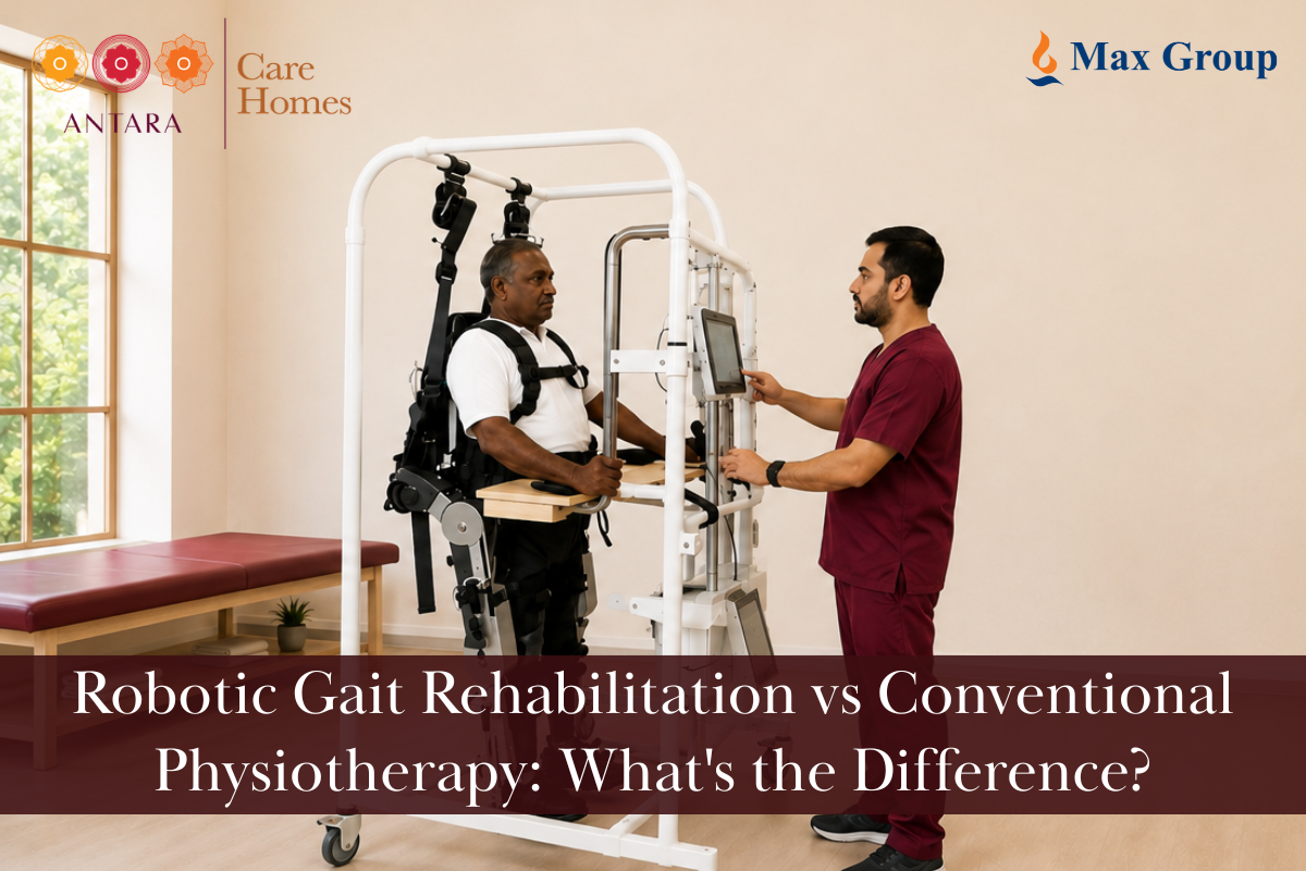 Patient undergoing robotic gait rehabilitation with an exoskeleton during physiotherapy at Antara Care Home Bangalore