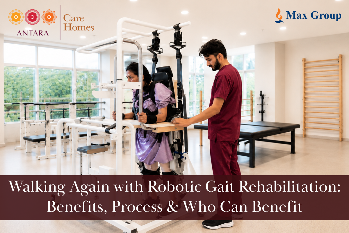 Patient undergoing robotic gait rehabilitation for neurological recovery at Antara Care Homes, Bangalore