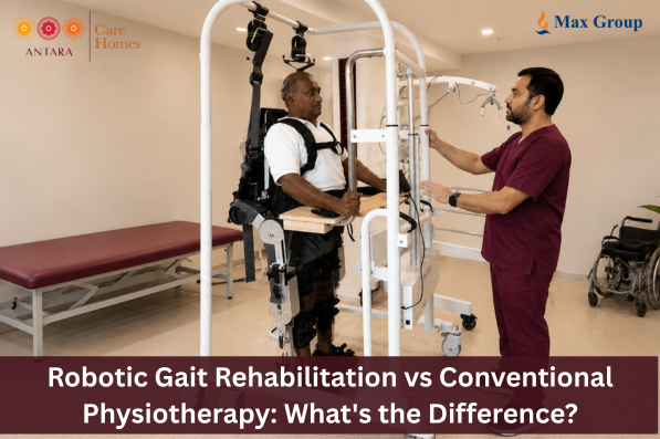 Patient undergoing robotic gait rehabilitation with an exoskeleton during physiotherapy at Antara Care Home Bangalore