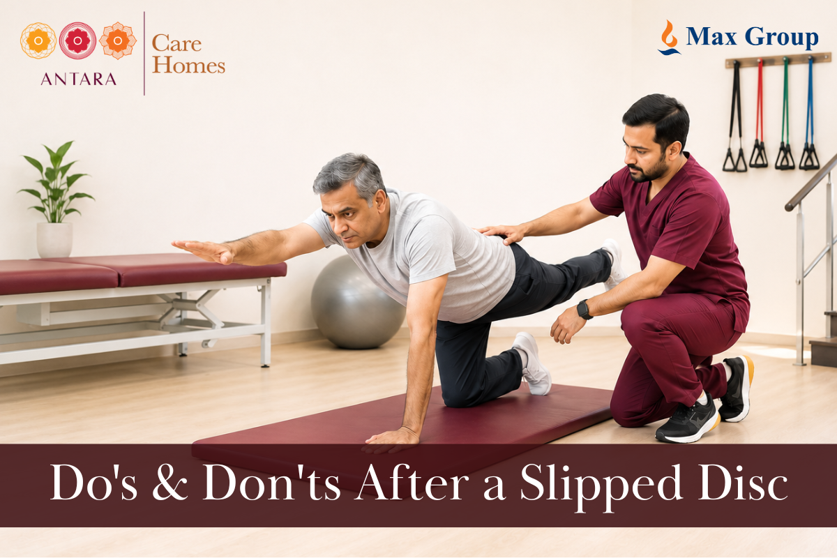 Female physiotherapist helping an elderly woman perform slipped disc rehabilitation exercises in a modern rehabilitation clinic.