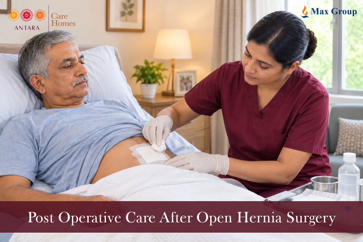 Patient after hernia surgery getting wound dressing done at antara care homes chennai
