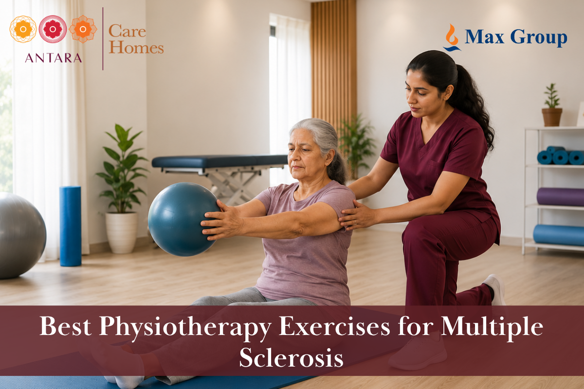 elderly woman doing physio exercises with the help of physiotherapist at antara care homes ECR, Chennai.