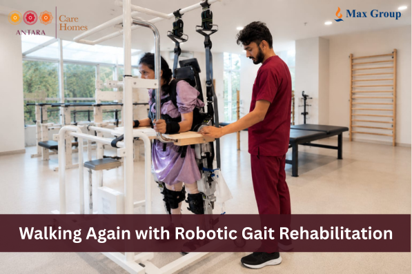 Patient undergoing robotic gait rehabilitation for neurological recovery at Antara Care Homes, Bangalore